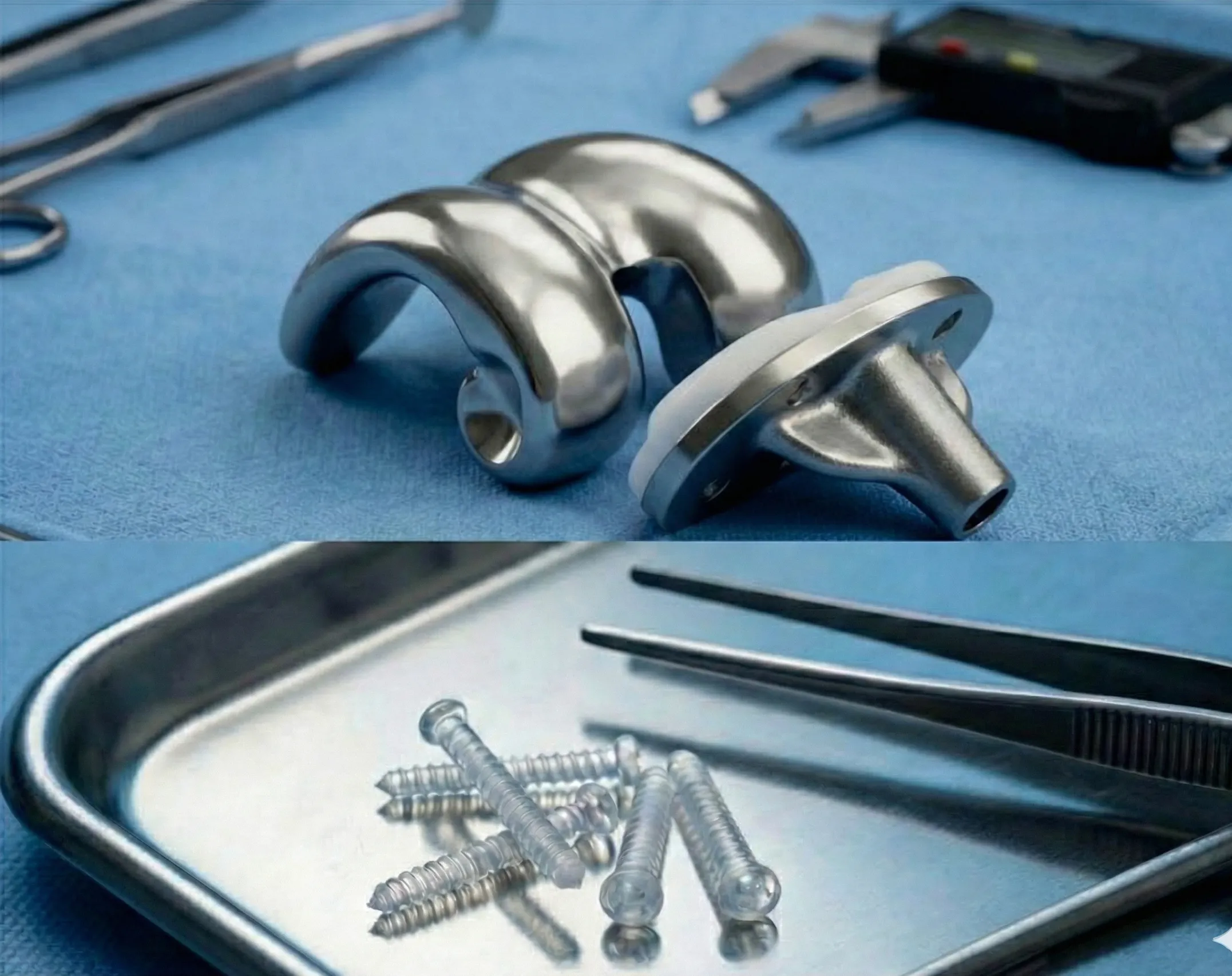 Advanced medical collage featuring an orthopedic knee implant and surgical screws